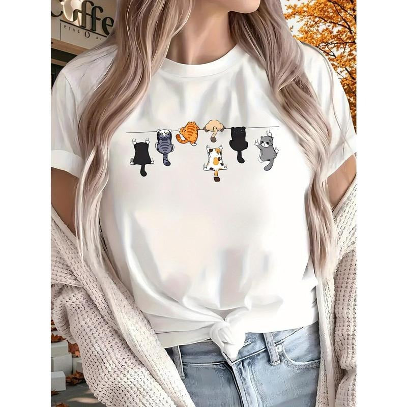Women's T-Shirt | Playful Cat Print | Round Neck, Short Sleeve | All-Season Comfort Fit | Machine Washable | Ideal for...