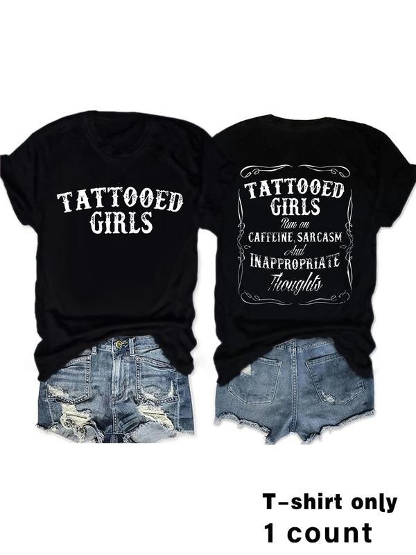 Women's Tattooed Girls Print Round Neck Tee, Vintage Trendy Casual Short Sleeve T-shirt for Daily Wear, Ladies Summer,...