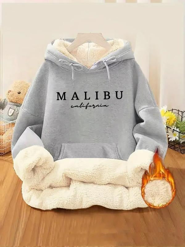 Women's Thick Fleece Cartoon Letter Print Hoodie, Casual Style Fall & Winter Wear, Thicken Fabric Kint Design, Fitted Fit...
