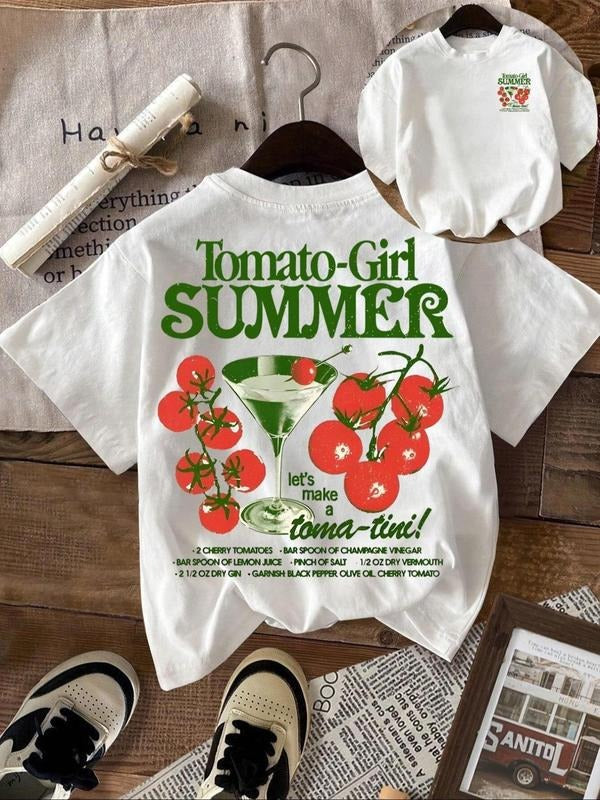 Women's Tomato & Letter Print Round Neck Tee, Casual Short Sleeve Crew Neck T-shirt for Summer, Fashion Women's Top for...