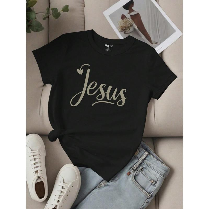 Women's Tops Letter "Jesus" Simple Graphic Print Round Neck Short Sleeves T-Shirt Hoodie, Sweatshirt | PodTeesHub.com