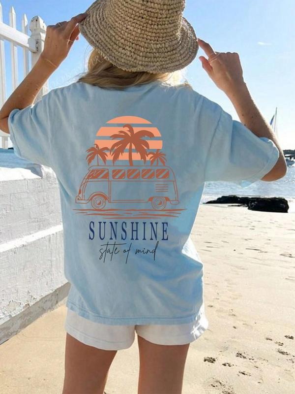 Women's Tropical & Bus Print Round Neck Tee, Casual Letter Graphic Slogan Short Sleeve T-shirt for Summer, Ladies Clothes...