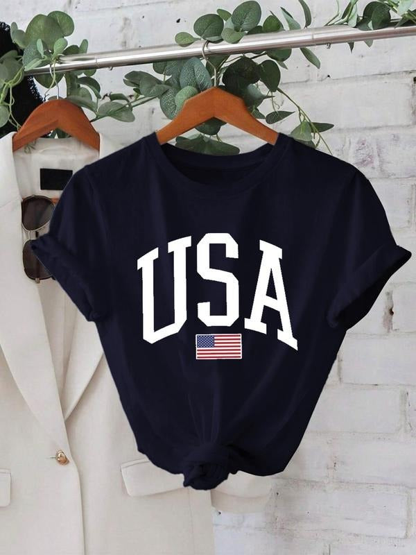 Women's USA Flag Print Round Neck Tee, Casual Loose Short Sleeve T-shirt for Daily Wear, Ladies Clothes for All Seasons,...