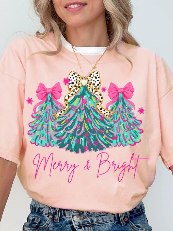 Women's Ugly Christmas T-Shirt, Joyful Bright Slogan, Unique Leopard Bow Tree Design, Casual Loose-Fitting Holiday...