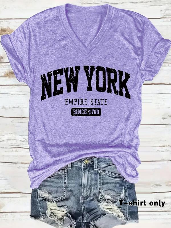 Women's V Neck Short Sleeve T-Shirt, New York Empire Letter Print, Casual Loose Fit Summer Top, Comfortable Breathable...