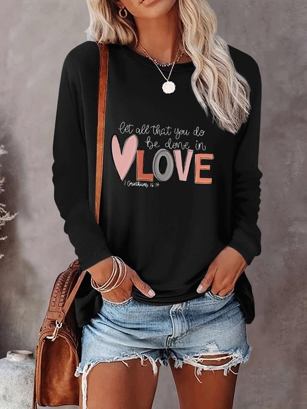 Women's Valentine's Day Casual Heart Pattern Slogan Print Round Neck Long Sleeve Slim Fit Tee, Comfortable Fabric, 10...