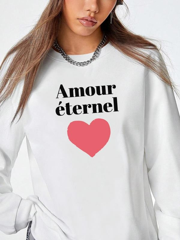 Women's Valentine's Day Casual Letter Heart Print Long Sleeve Round Neck Pullover Sweatshirt, Available in 9 Colors...