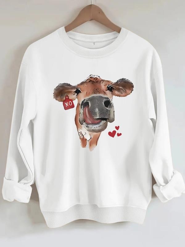 Women's Valentine's Day Cow & Heart Print Sweatshirt, Graduation Long Sleeve Top, Back-To-School Clothing, Teacher, Fall...
