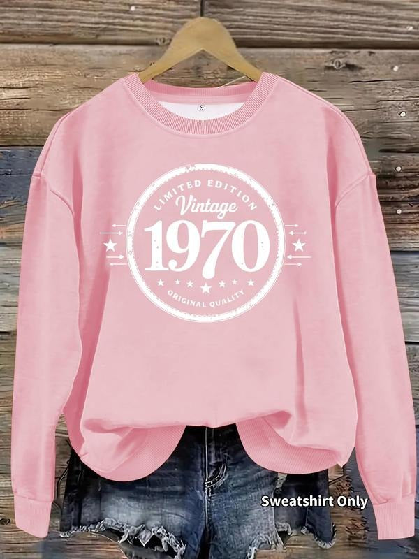 Women's Vintage 1970 Print Crew Neck Sweatshirt, Casual Long Sleeve Pullover for Daily Wear, Ladies Clothes for Fall &...
