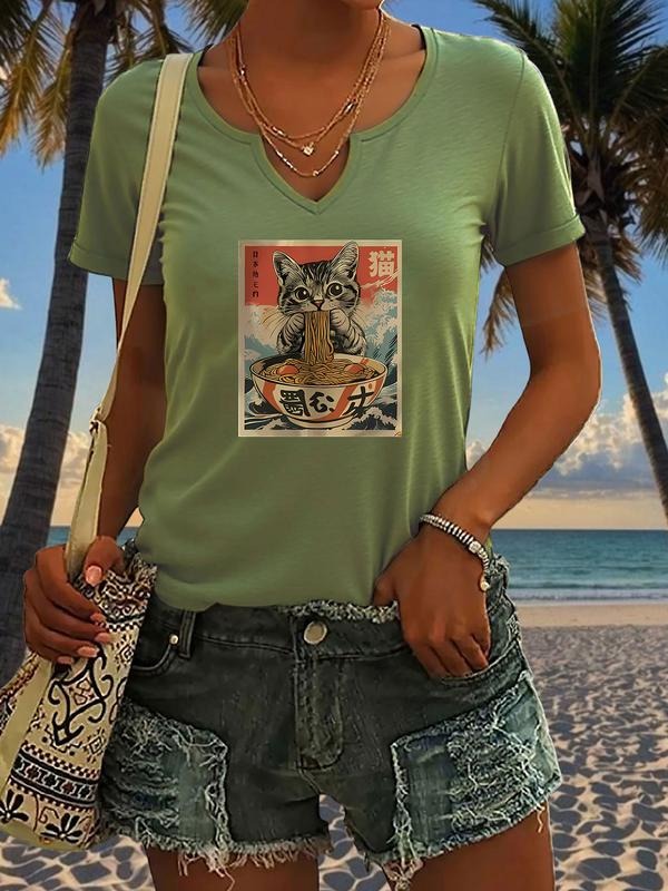 Women's Vintage Cat Eating Noodles Print T-Shirt, Casual V Neck Short Sleeve Top, Fashionable Summer Women's Clothing...