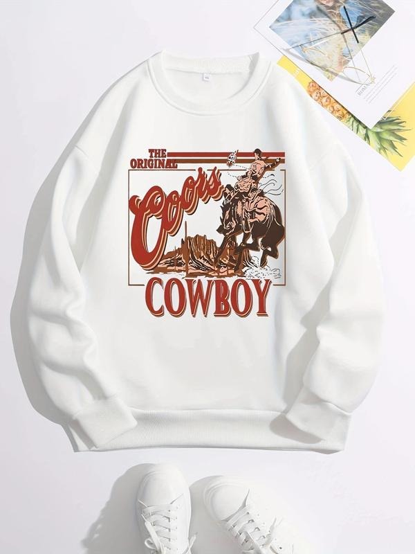 Women's Vintage Cowboy Letter Print Sweatshirt Tops, Comfort Lady Longsleeves Hoodie, Rodeo Country Fashion Crew Neck...