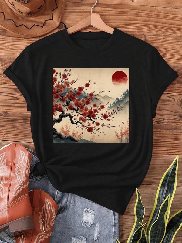 Women's Vintage Japanese Woodblock Print T-Shirt - Cherry Blossom & Red Sun Design, Semi-Sheer Short Sleeve Crew Neck...