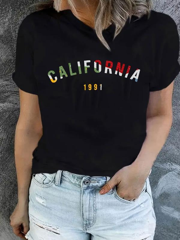 Women's Vintage Los Angeles California Print T-Shirt, Short Sleeve Round Neck Casual Summer Top, Regular Fit Knit...
