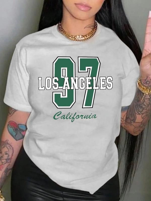 Women's Vintage Los Angeles California Print T-Shirt, Short Sleeve Round Neck Casual Summer Top, Regular Fit Knit...