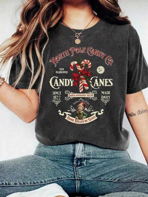 Women's Vintage North Pole Candy Co. Graphic T-Shirt, Retro 1822 Christmas Candy Cane Design with Santa Approved Recipe,...