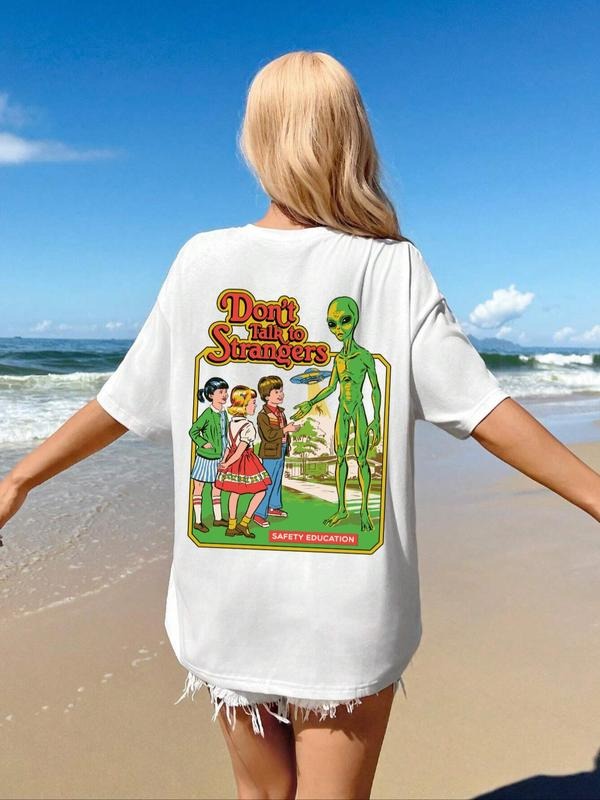 Women's Vintage Retro Flower & Alien Print Round Neck Tee, Casual Loose Letter Graphic T-shirt for Daily Wear, Ladies...