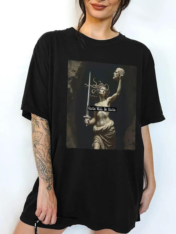Women's Vintage Round Neck Graphic Tee, Casual Medusa Print Short Sleeve T-shirt for Daily Wear, Ladies Clothes for All...