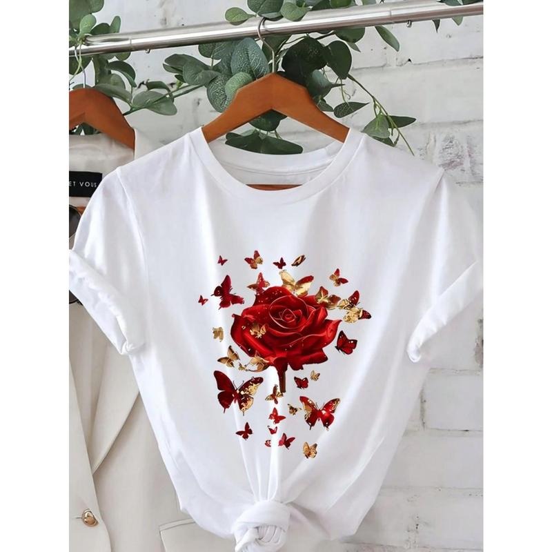 Women's White Cotton T-Shirt with Red Rose & Golden Accent Graphic Print