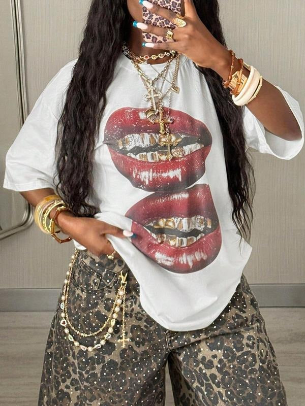 Women's White Graphic T-Shirt with Red Lips and Gold Teeth Design, Edgy Streetwear Top for Concerts, Parties and...