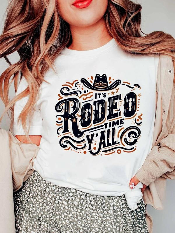 Women's White IT'S RODEO TIME YALL Crewneck Graphic T Shirt, Casual Graphic Tee for Daily Wear Hoodie, Sweatshirt