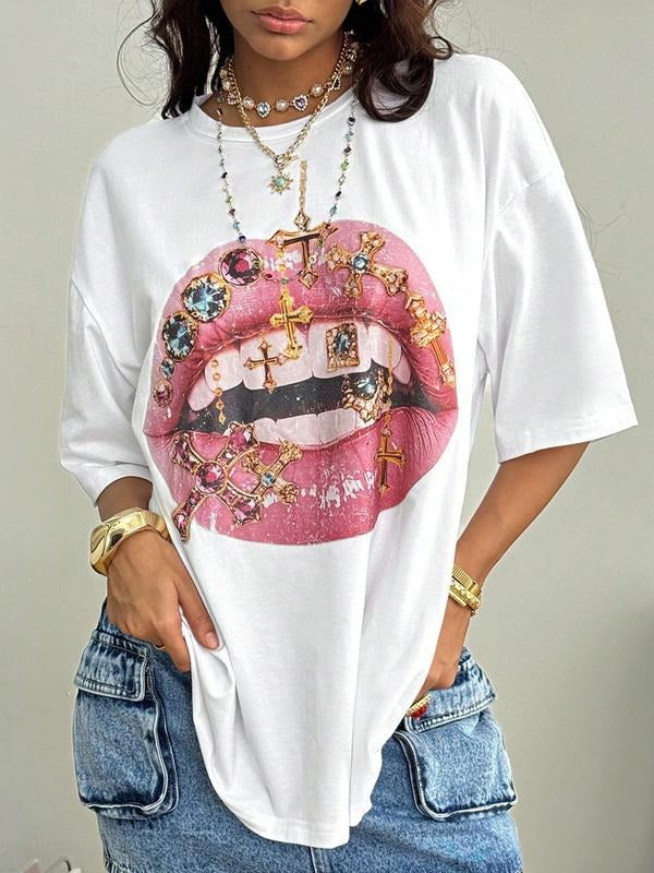 Women's Y2K Street Style Loose-Fit Lip Print T-Shirt, Comfortable Summer Casual Top, Plain Pattern, All Seasons Wear...
