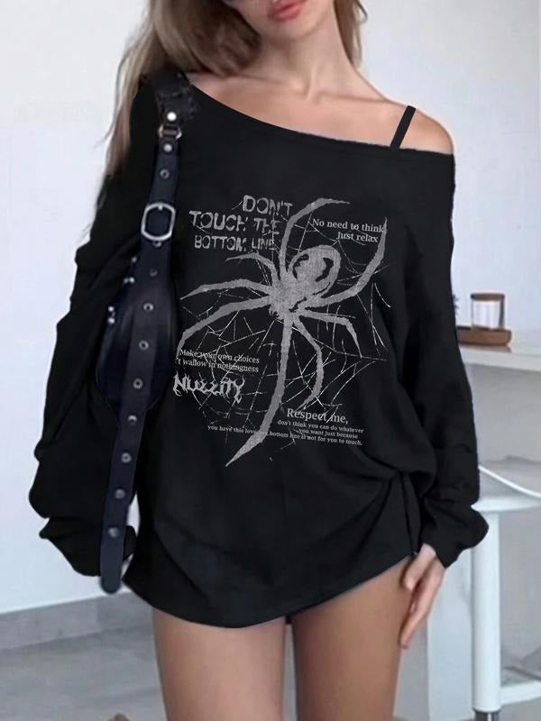 Women's Y2K Style Spider Print Off-Shoulder Long Sleeve Top Set, Adjustable Straps, Fitted Design, Perfect for Spring &...