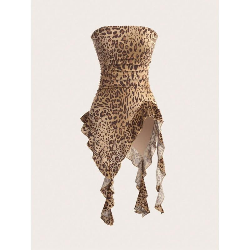 Women's Y2k Leopard Print Bandeau Tube Top Sheer Mesh Irregular Ruffle Trim Fitted Tops T-Shirts, Hoodie, Sweatshirt