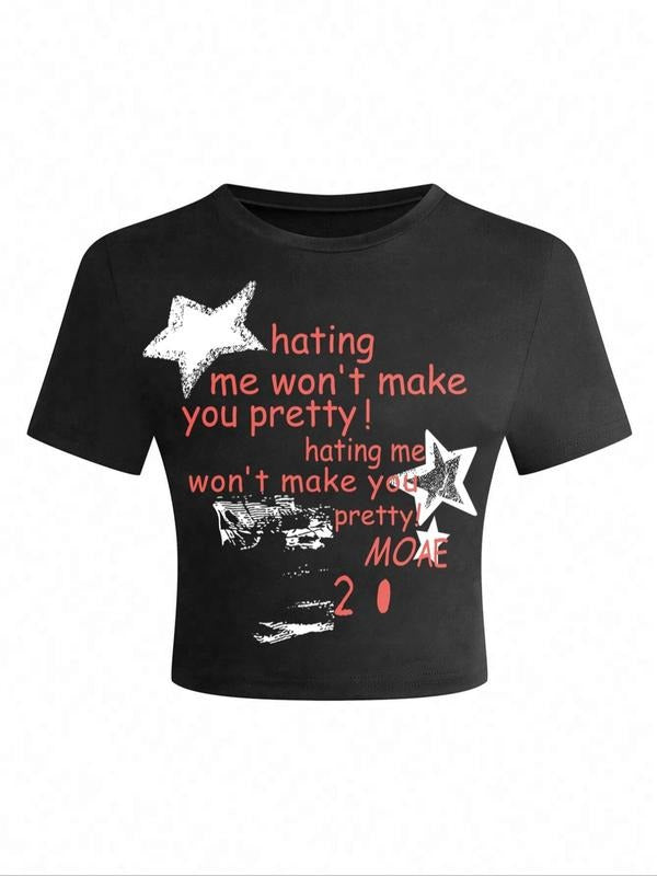 Women's Y2k Style Star Print Round Neck Tee, Casual Short Sleeve Crew Neck T-shirt for Summer, Fashion Women's Top for...