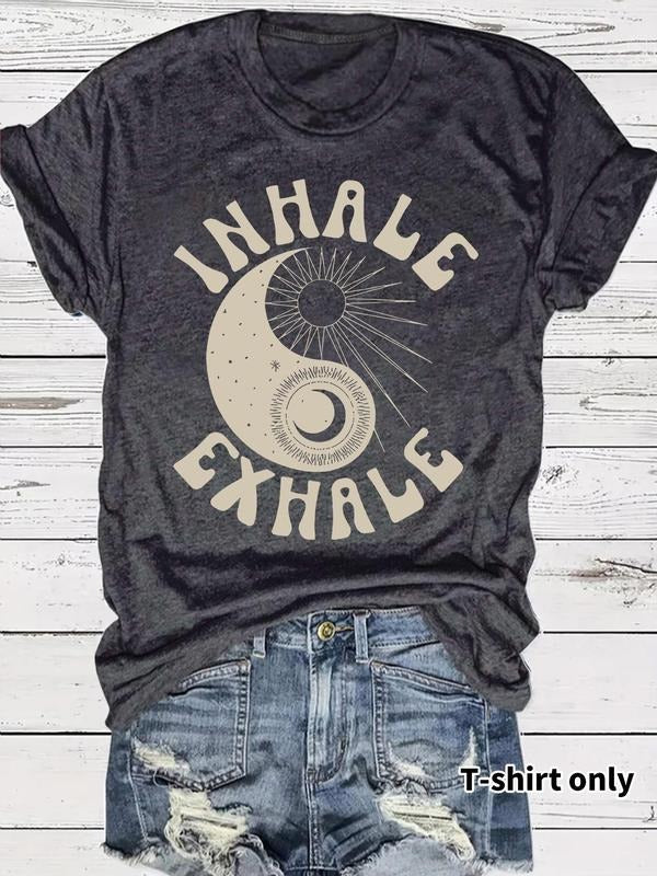 Women's Yin Yang & Moon Print Round Neck Tee, Casual Short Sleeve Crew Neck T-shirt for Summer, Fashion Women's Top for...