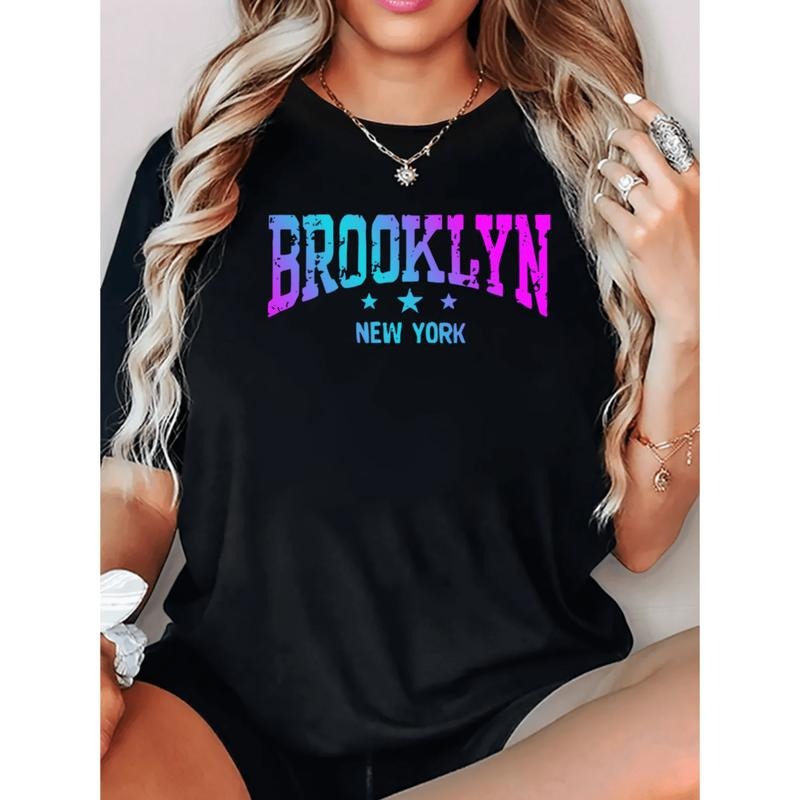 WomenS Brooklyn Letter Print T-Shirt Casual Crew Neck Short Sleeve Polyester Spandex Knit Fabric Medium Stretch Tee Black...