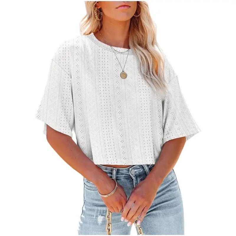 Womens Casual Eyelet Cropped T Shirts Summer Half Sleeve Crop Tops Solid Color Round Neck Crop Tees Hoodie, Sweatshirt