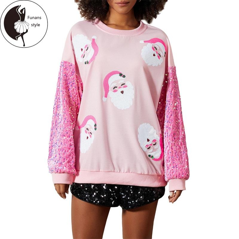Womens Christmas Santa Sweatshirt Sequin Long Sleeve Crew Neck Pullover Tops Casual Streetwear T-Shirts, Hoodie