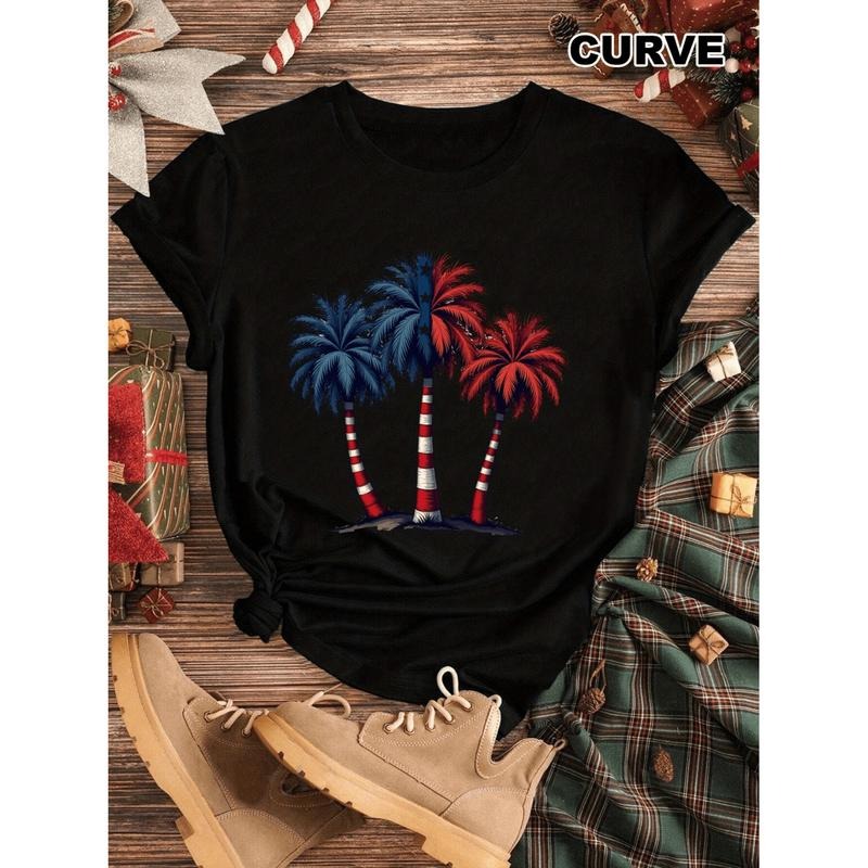 Womens Plus Size Patriotic Palm Tree Graphic T-Shirt Striped Hoodie, Sweatshirt | PodTeesHub.com