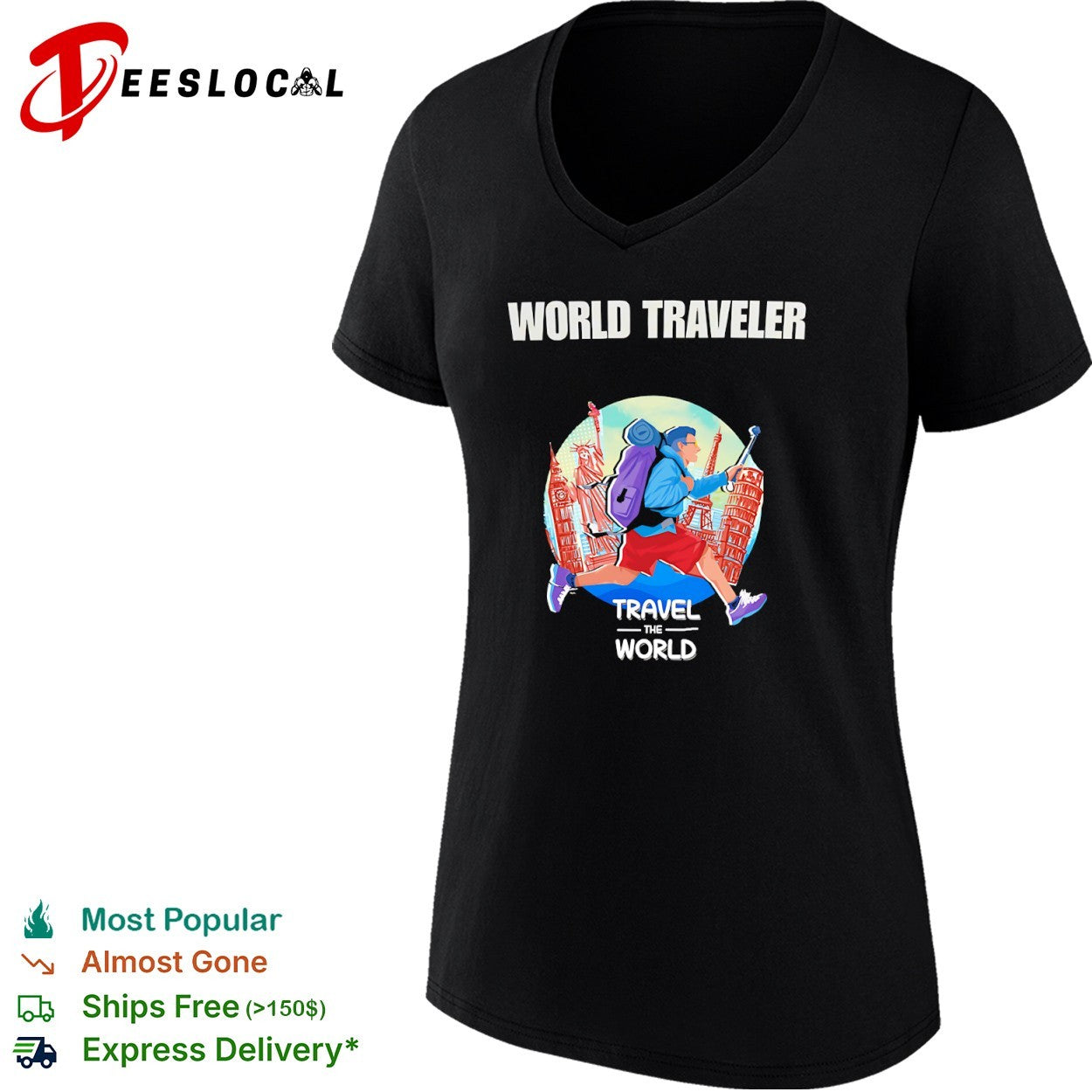 World Traveler Travel the World Statue of Liberty Big Ben Eiffel Tower Pisa shirt