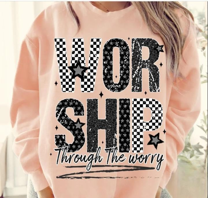 Worship Through The Worry Bible Verse Crewneck Sweatshirt, Christian God Checkered Preppy Black White Tee, Faith...