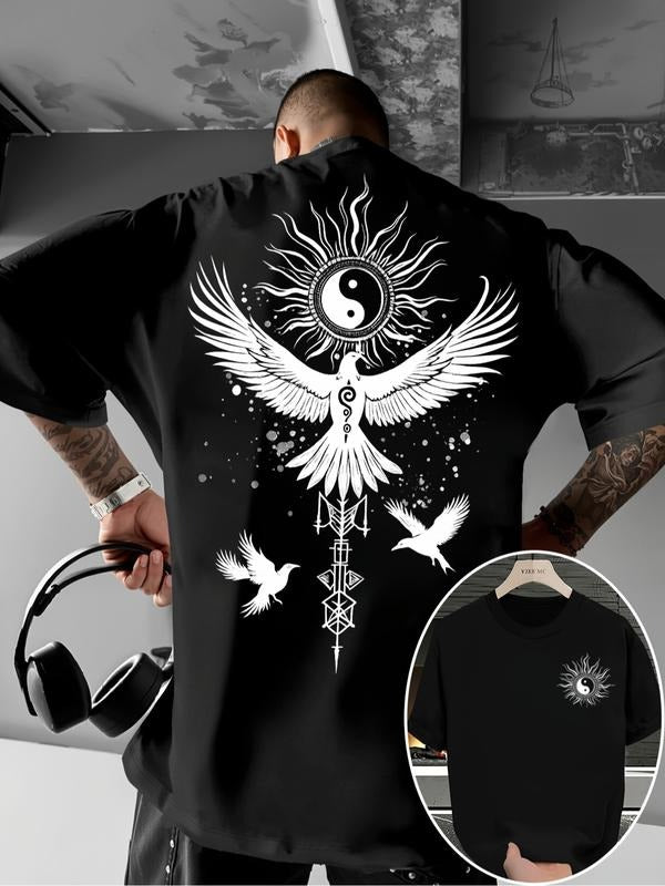 YZEE MC Men's Oversized Yin Yang Viking Raven Graphic T-Shirt