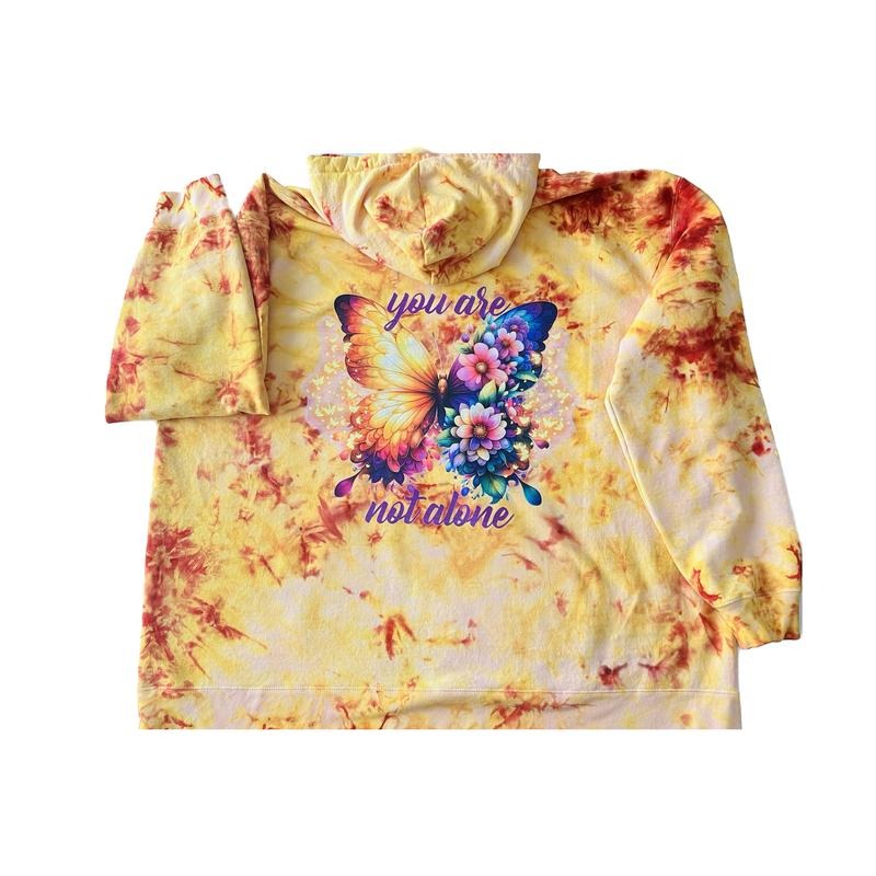 You Are Not Alone Yellow Orange Unisex Girly Sweatshirt with Butterfly and Floral Design in Tie-Dye Pattern 80% Cotton...