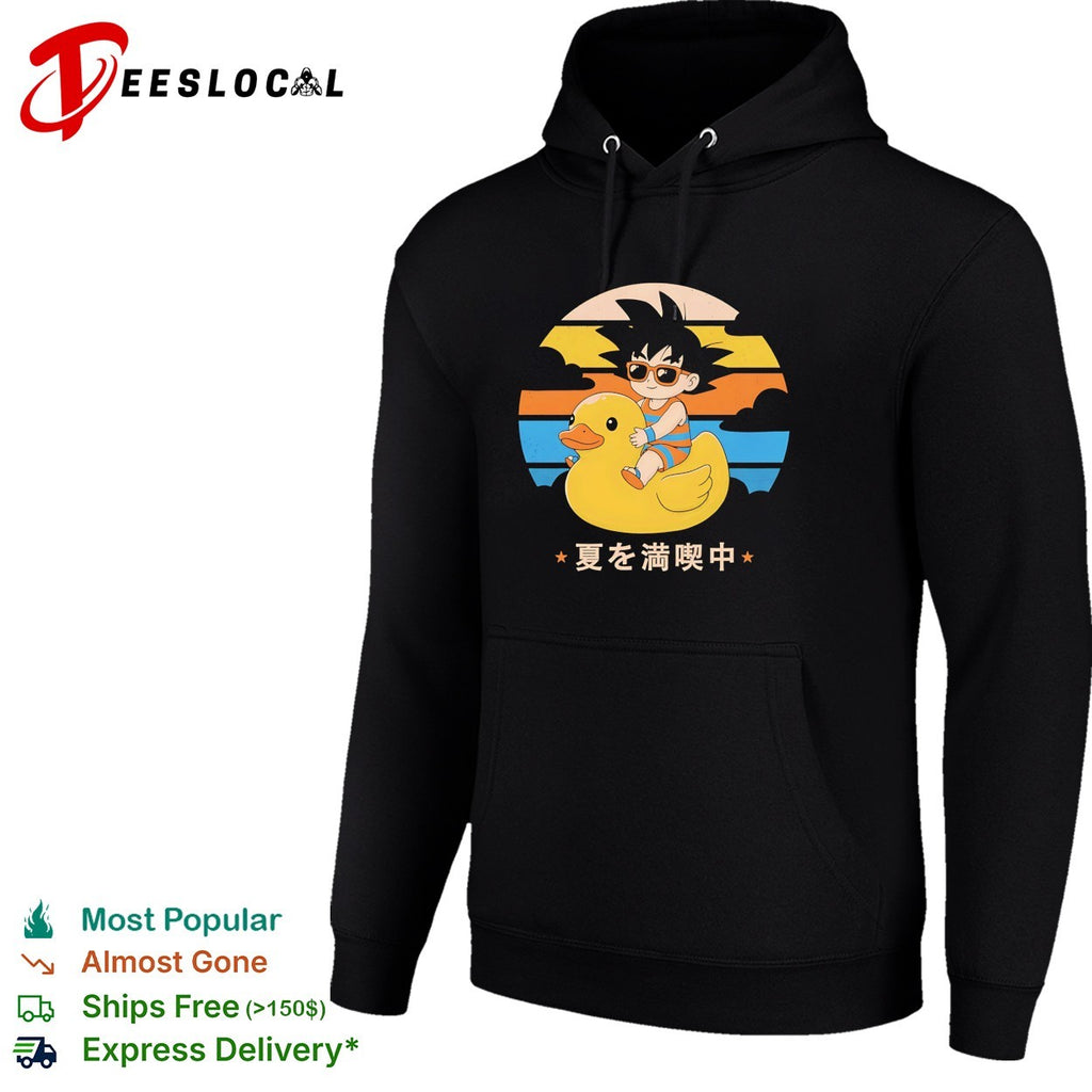 Young Goku riding rubber duck at sunset enjoying summer shirt