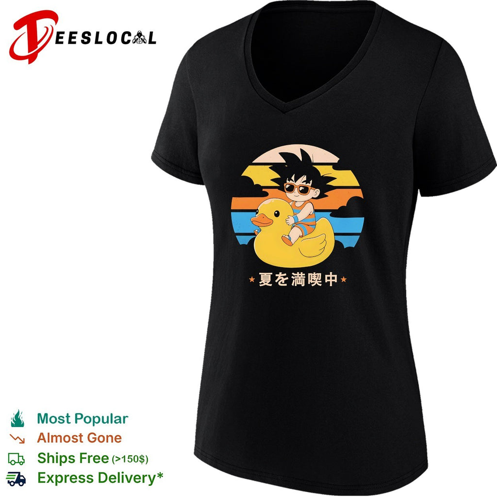 Young Goku riding rubber duck at sunset enjoying summer shirt