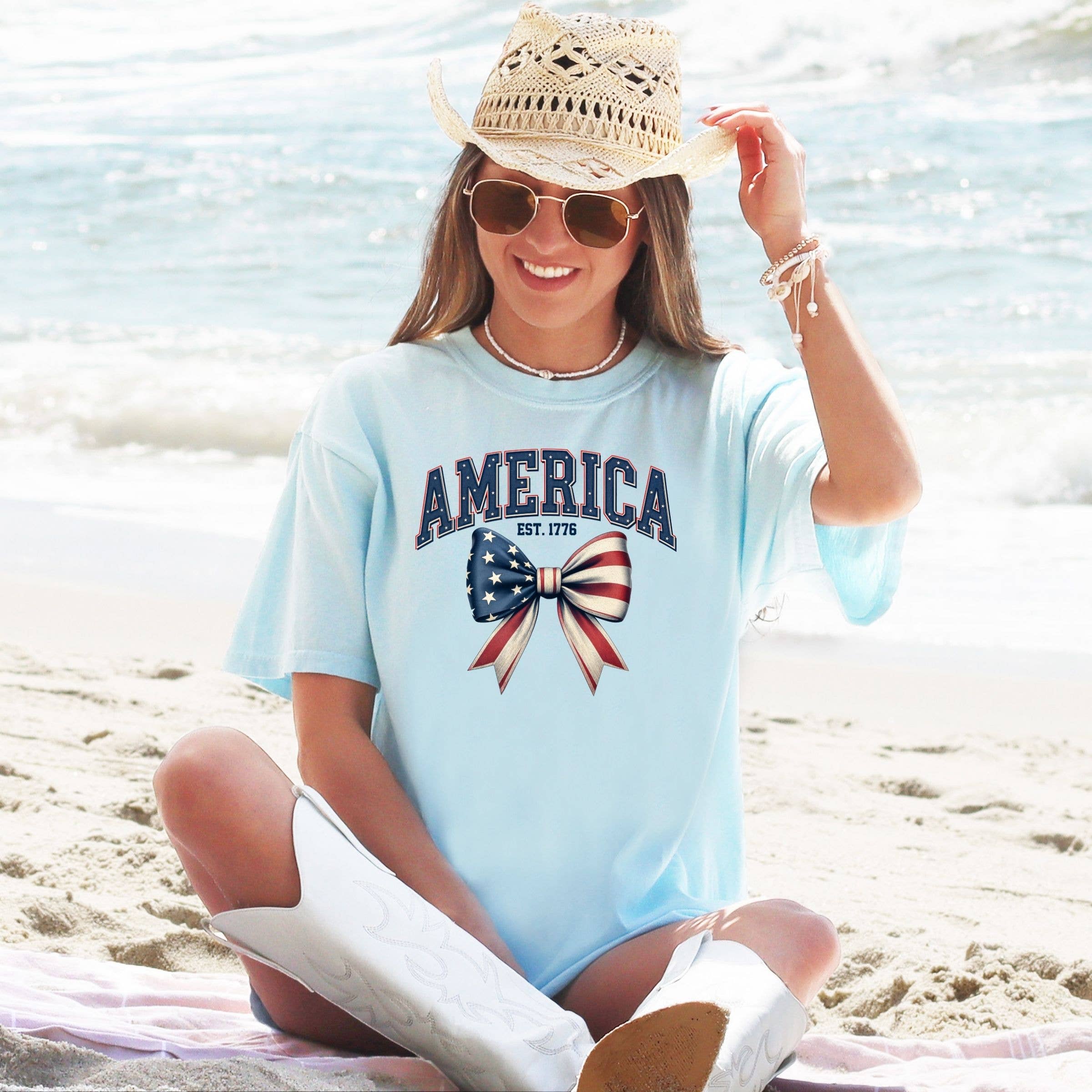 America Bow Tee - 4Th of July Graphic Tee - Summer Tee Hoodie, Sweatshirt | PodTeesHub.com