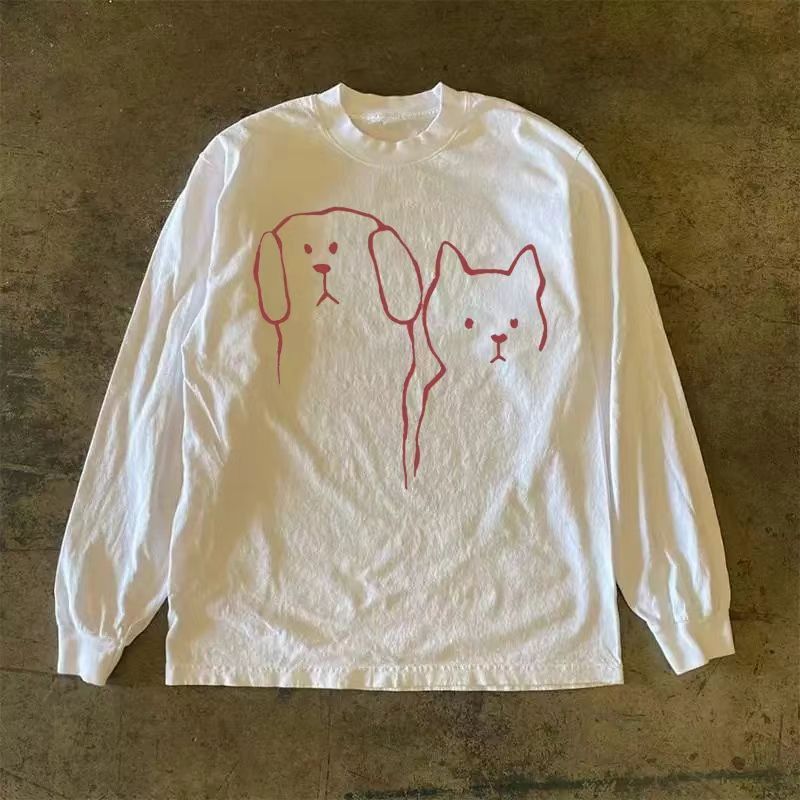 Japanese Brand White Casual Retro Cat And Dog Print Long Sleeved T Shirt Hoodie, Sweatshirt | PodTeesHub.com