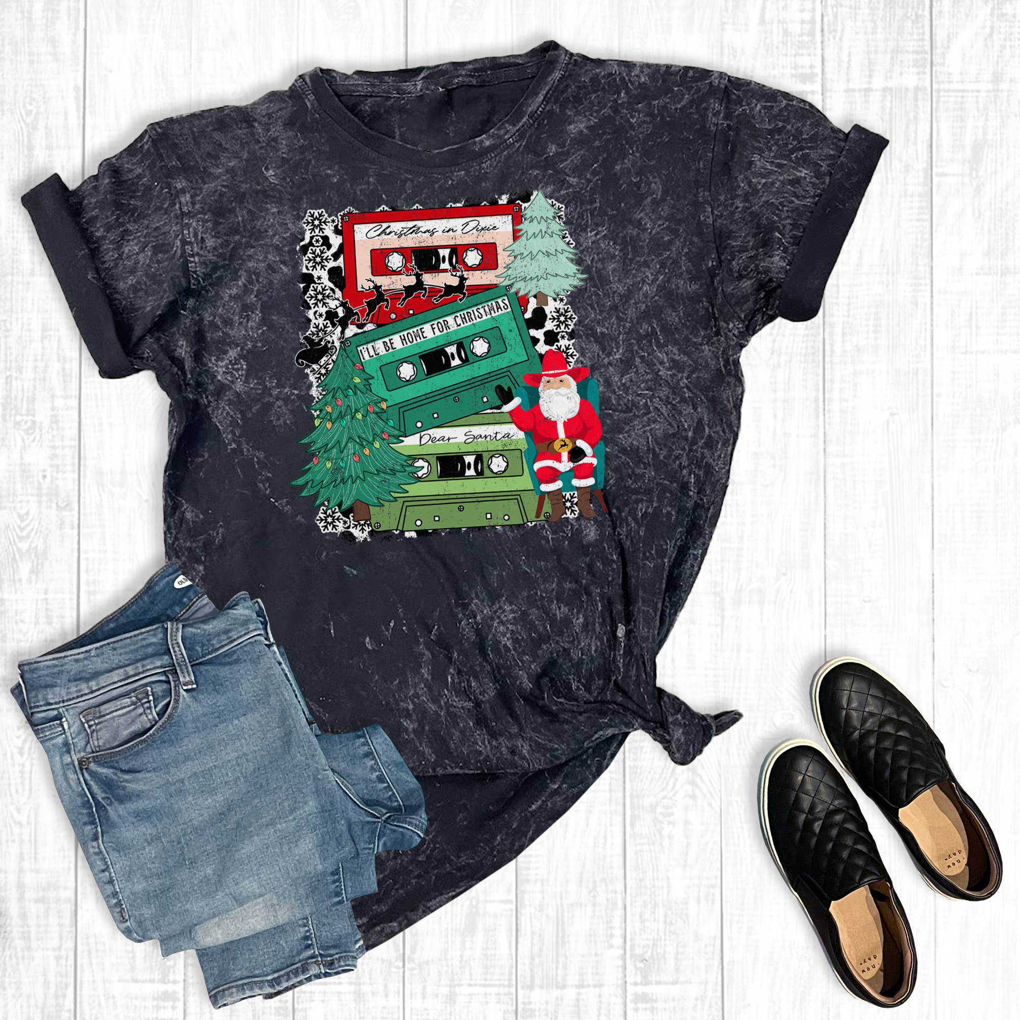 Western Christmas Cassettes Mineral Wash Graphic Tee Hoodie, Sweatshirt | PodTeesHub.com