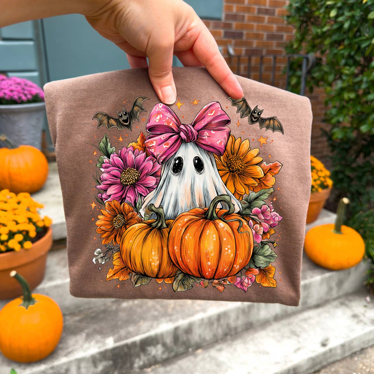 Floral Ghost with Pumpkins Tee Hoodie, Sweatshirt | PodTeesHub.com