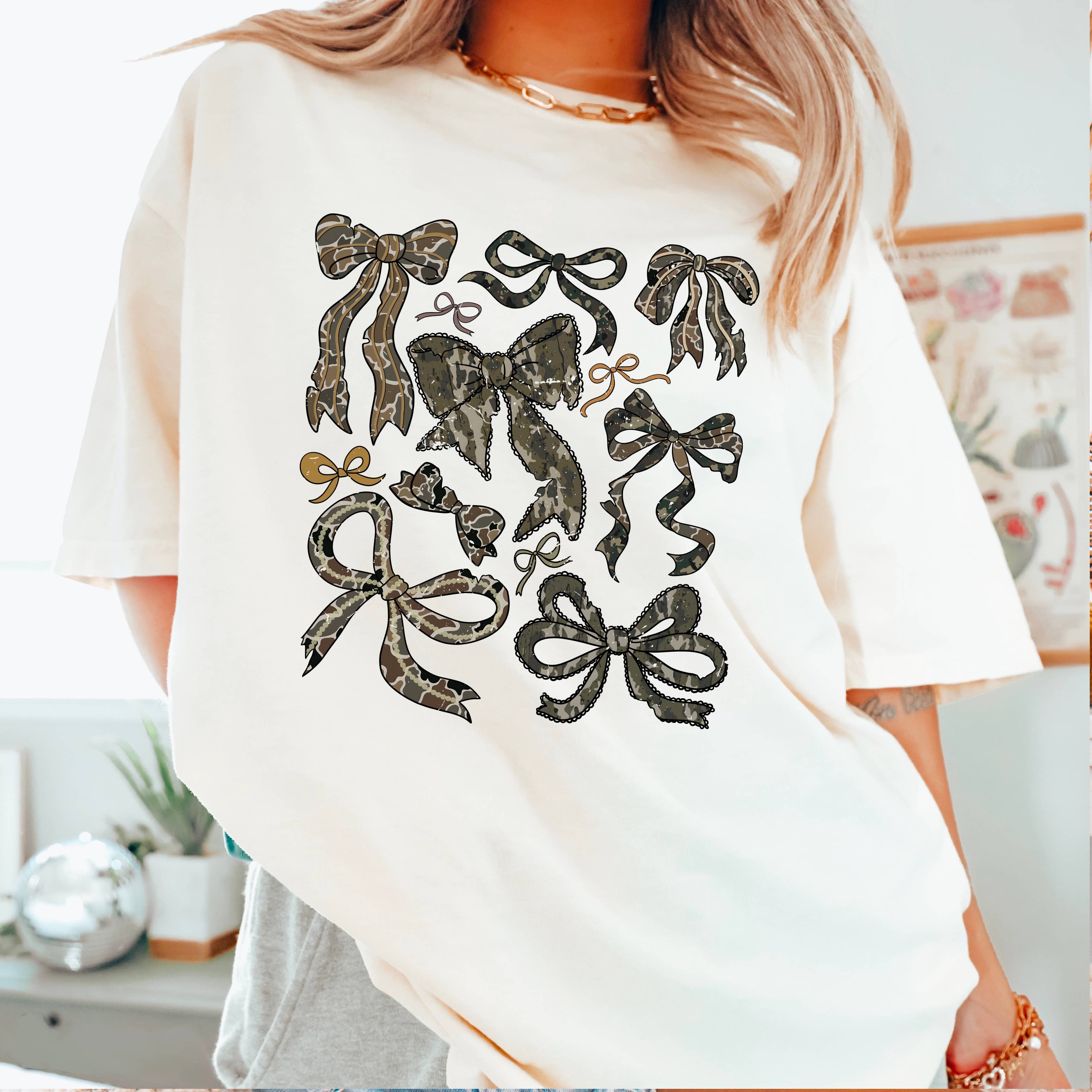 Camo Bows Graphic T-Shirt | Comfort Color Hoodie, Sweatshirt | PodTeesHub.com