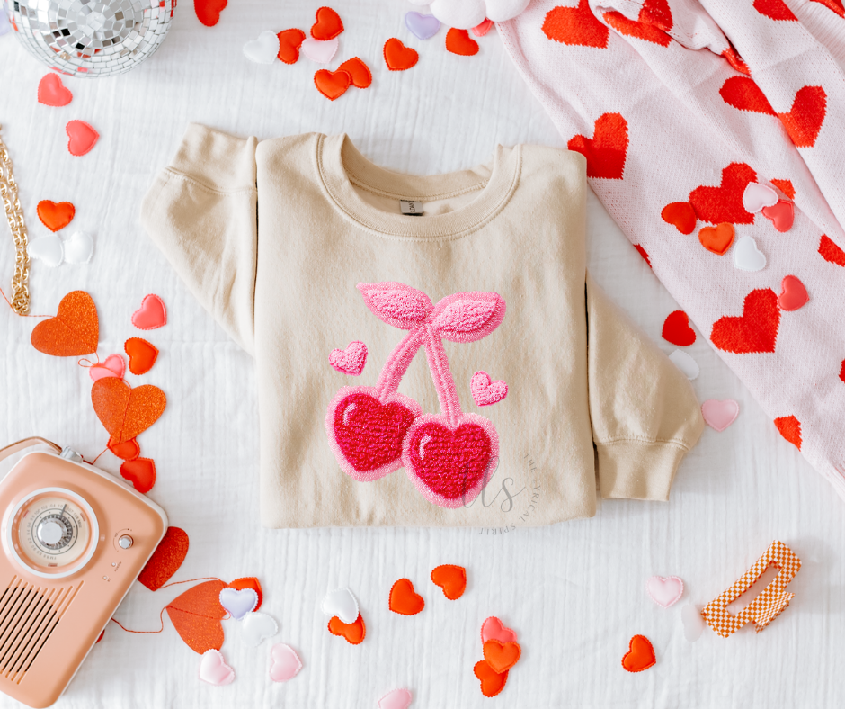 Cherry Hearts Faux Yarn Valentine's Sweatshirt T-Shirts, Hoodie | PodTeesHub.com