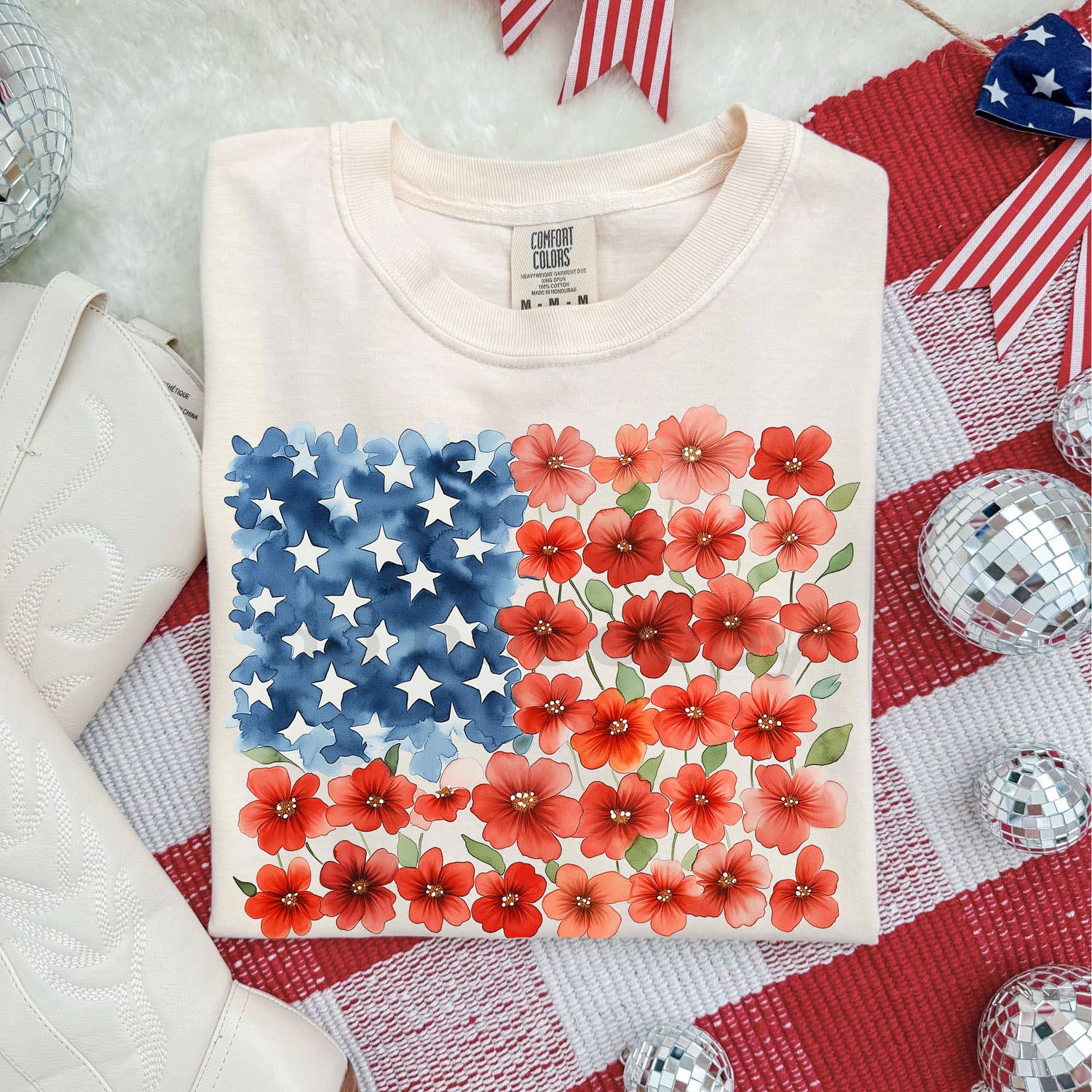 Floral Watercolor American Flag Tee Hoodie, Sweatshirt | PodTeesHub.com
