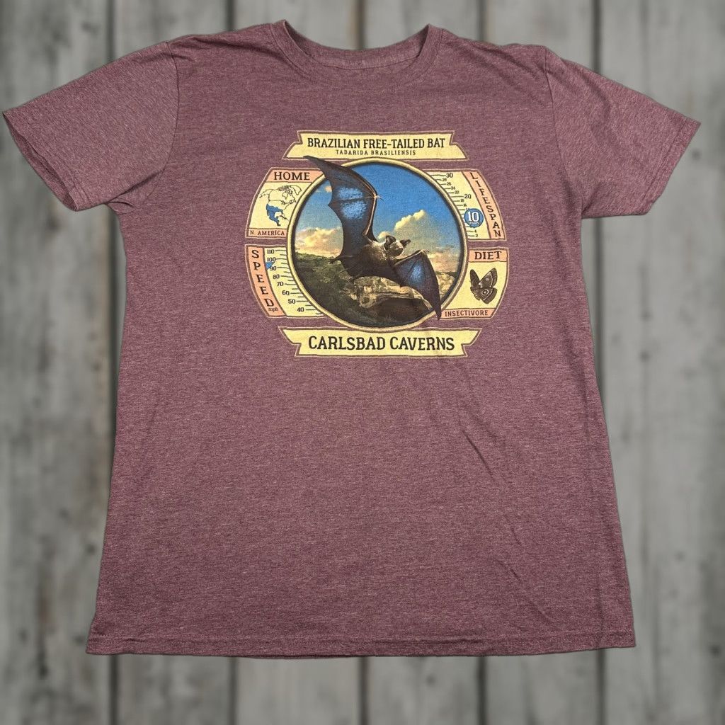 Vintage Carlsbad Caverns Bat Shirt Mens M Maroon Graphic Tee Brazilian Free Tailed Hoodie, Sweatshirt | PodTeesHub.com