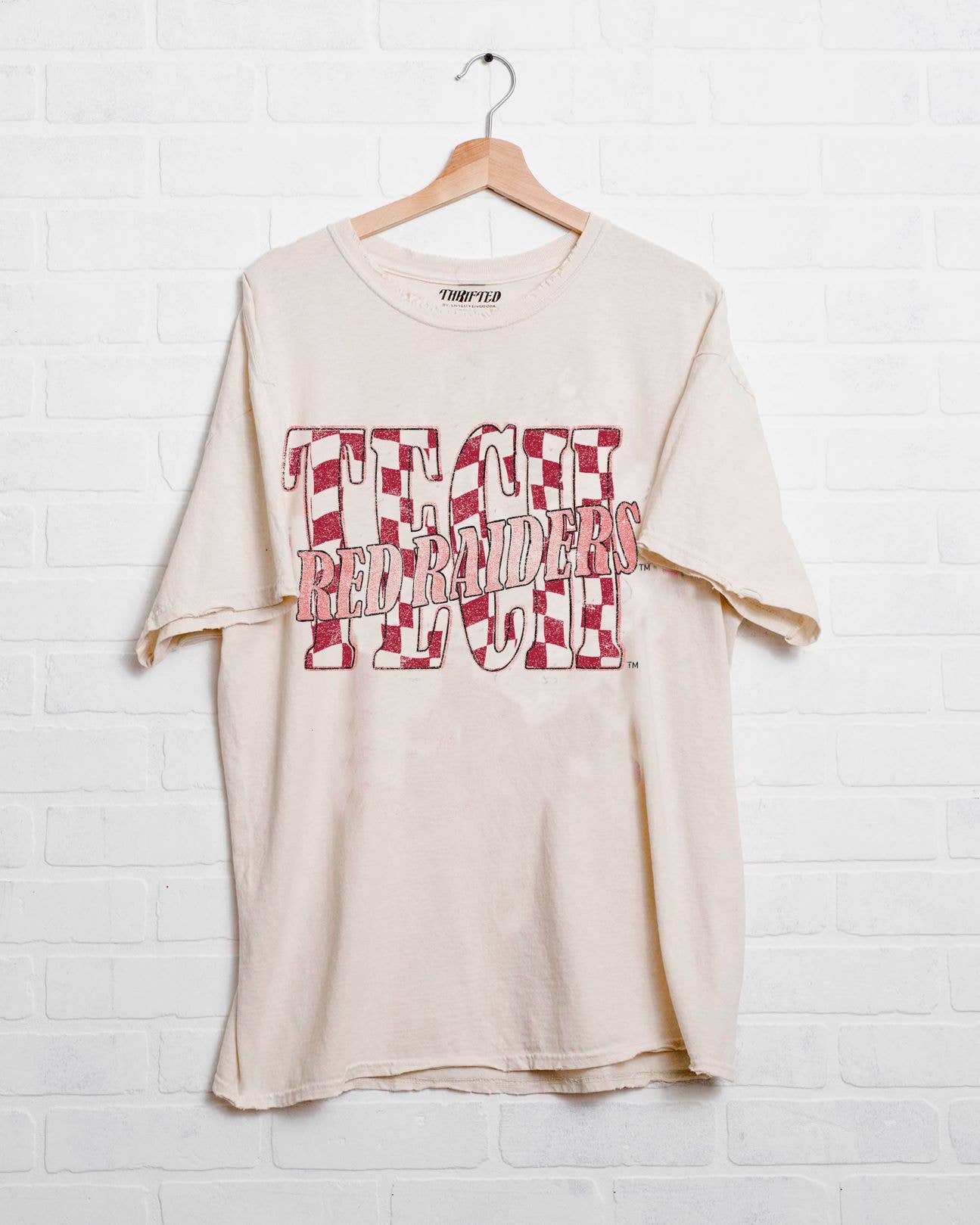 Texas Tech Red Raiders Twisted Check Off White Thrifted Tee Hoodie, Sweatshirt | PodTeesHub.com