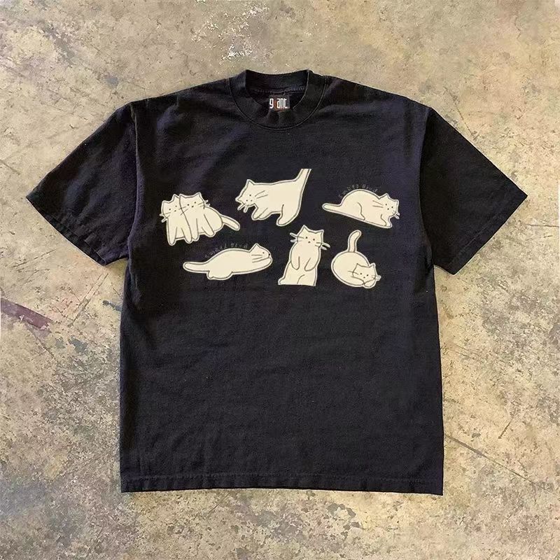 Japanese Brand Black Casual Retro Cat Print T Shirt Hoodie, Sweatshirt | PodTeesHub.com