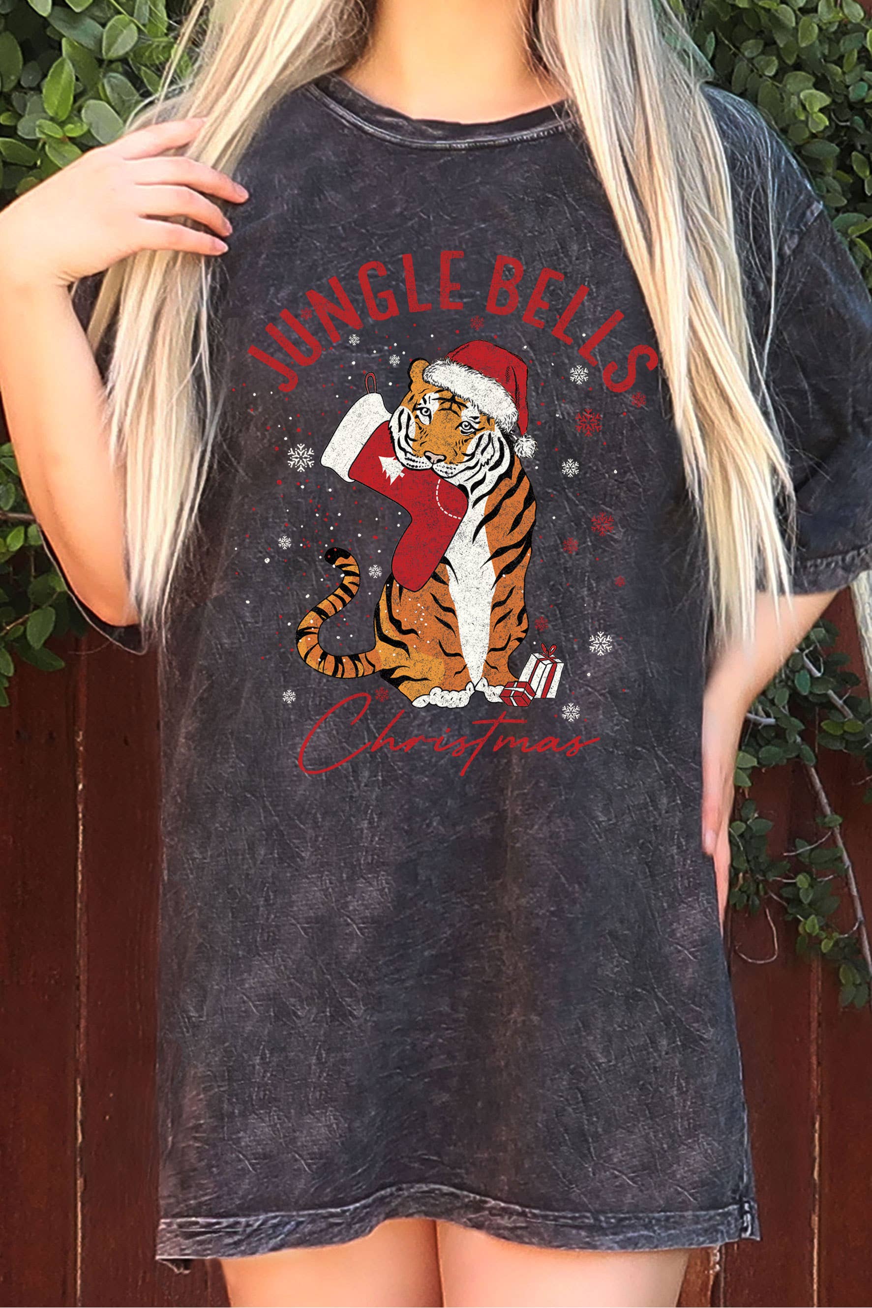 Jungle Bells Christmas Tiger Oversize Mineral Graphic Tshirt Hoodie, Sweatshirt | PodTeesHub.com